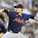 Oct 2, 2024; San Diego, California, USA; Atlanta Braves pitcher Max Fried (54) throws during the first inning of game two in the Wildcard round for the 2024 MLB Playoffs against the San Diego Padres at Petco Park. Mandatory Credit: Denis Poroy-Imagn Images