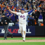 Oct 9, 2024; New York, New York, USA; New York Mets first baseman Pete Alonso (20) celebrates after defeating the Philadelphia Phillies in game four of the NLDS for the 2024 MLB Playoffs at Citi Field. Mandatory Credit: Wendell Cruz-Imagn Images
