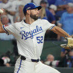 Oct 10, 2024; Kansas City, Missouri, USA; Kansas City Royals pitcher Michael Wacha (52) throws during the first inning against the New York Yankees during game four of the ALDS for the 2024 MLB Playoffs at Kauffman Stadium. Mandatory Credit: Denny Medley-Imagn Images