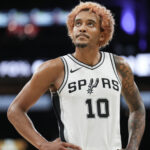 Oct 12, 2024; San Antonio, Texas, USA; San Antonio Spurs forward Jeremy Sochan (10) in the second half against the Utah Jazz at Frost Bank Center.