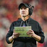 Oct 7, 2024; Kansas City, Missouri, USA; New Orleans Saints head coach Dennis Allen (Saints) reacts during the second half against the Kansas City Chiefs at GEHA Field at Arrowhead Stadium. Mandatory Credit: Jay Biggerstaff-Imagn Images