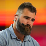 Oct 7, 2024; Kansas City, Missouri, USA; Former NFL player Jason Kelce prior to a game between the New Orleans Saints and the Kansas City Chiefs at GEHA Field at Arrowhead Stadium.