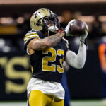 Oct 17, 2024; New Orleans, Louisiana, USA; New Orleans Saints cornerback Marshon Lattimore (23) during the warmups before the game against the Denver Broncos at Caesars Superdome. Mandatory Credit: Stephen Lew-Imagn Images