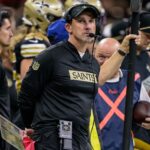 Oct 17, 2024; New Orleans, Louisiana, USA; New Orleans Saints head coach Dennis Allen reacts against the Denver Broncos during the second quarter at Caesars Superdome. Mandatory Credit: Matthew Hinton-Imagn Images