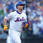 Oct 18, 2024; New York City, New York, USA; New York Mets first baseman Pete Alonso (20) rounds the bases after hitting a three run home run against the Los Angeles Dodgers during the first inning of game five of the NLCS during the 2024 MLB playoffs at Citi Field. Mandatory Credit: Brad Penner-Imagn Images