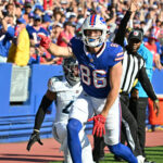 Oct 20, 2024; Orchard Park, New York, USA; Buffalo Bills tight end Dalton Kincaid (86) signals a first down after making a catch against the Tennessee Titans in the third quarter at Highmark Stadium. Mandatory Credit: Mark Konezny-Imagn Images