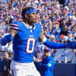 Oct 20, 2024; Orchard Park, New York, USA; Buffalo Bills wide receiver Keon Coleman (0) is introduced prior to the game against the Tennessee Titans at Highmark Stadium. Mandatory Credit: Gregory Fisher-Imagn Images