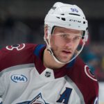 Oct 20, 2024; San Jose, California, USA; Colorado Avalanche right wing Mikko Rantanen (96) warms up on the ice before the game against the San Jose Sharks at SAP Center at San Jose. Mandatory Credit: Robert Edwards-Imagn Images