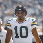Oct 27, 2024; Jacksonville, Florida, USA; Green Bay Packers quarterback Jordan Love (10) walks into the locker room for half time against the Jacksonville Jaguars at EverBank Stadium. Mandatory Credit: Morgan Tencza-Imagn Images