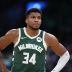 Oct 28, 2024; Boston, Massachusetts, USA; Milwaukee Bucks forward Giannis Antetokounmpo (34) reacts during the second half against the Boston Celtics at TD Garden.