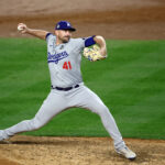 Oct 28, 2024; New York, New York, USA; Los Angeles Dodgers pitcher Daniel Hudson (41) throws during the seventh inning against the New York Yankees in game three of the 2024 MLB World Series at Yankee Stadium. Mandatory Credit: Vincent Carchietta-Imagn Images