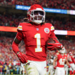 Oct 7, 2024; Kansas City, Missouri, USA; Kansas City Chiefs wide receiver Xavier Worthy (1) celebrates after scoring a touchdown against the New Orleans Saints during the game at GEHA Field at Arrowhead Stadium. Mandatory Credit: Denny Medley-Imagn Images