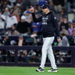 Oct 29, 2024; New York, New York, USA; New York Yankees manager Aaron Boone (17) makes a pitching change during the fifth inning against the Los Angeles Dodgers in game four of the 2024 MLB World Series at Yankee Stadium. Mandatory Credit: Brad Penner-Imagn Images