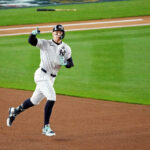 Oct 30, 2024; New York, New York, USA; New York Yankees outfielder Aaron Judge (99) celebrates after hitting a two run home run during the first inning against the Los Angeles Dodgers in game four of the 2024 MLB World Series at Yankee Stadium. Mandatory Credit: Robert Deutsch-Imagn Images