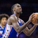 Oct 30, 2024; Philadelphia, Pennsylvania, USA; Philadelphia 76ers guard Tyrese Maxey (0) shoots a foul shotagainst the Detroit Pistons during the fourth quarter at Wells Fargo Center. Mandatory Credit: Bill Streicher-Imagn Images