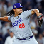 Oct 30, 2024; New York, New York, USA; Los Angeles Dodgers pitcher Brusdar Graterol (48) pitches during the sixth inning against the New York Yankees in game four of the 2024 MLB World Series at Yankee Stadium. Mandatory Credit: Brad Penner-Imagn Images
