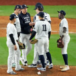 Oct 30, 2024; New York, New York, USA; New York Yankees manager Aaron Boone (17) relieves pitcher Gerrit Cole (45) during the seventh inning against the Los Angeles Dodgers in game four of the 2024 MLB World Series at Yankee Stadium. Mandatory Credit: Robert Deutsch-Imagn Images