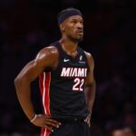 Oct 30, 2024; Miami, Florida, USA; Miami Heat forward Jimmy Butler (22) looks on against the New York Knicks during the second quarter at Kaseya Center.