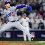 Oct 30, 2024; New York, New York, USA; Los Angeles Dodgers pitcher Walker Buehler (21) pitches during the ninth inning against the New York Yankees in game four of the 2024 MLB World Series at Yankee Stadium. Mandatory Credit: Brad Penner-Imagn Images