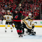 Oct 31, 2024; Raleigh, North Carolina, USA; Carolina Hurricanes right wing Andrei Svechnikov (37) celebrates his goal against the Boston Bruins during the first period at Lenovo Center. Mandatory Credit: James Guillory-Imagn Images
