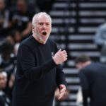 Oct 31, 2024; Salt Lake City, Utah, USA; San Antonio Spurs head coach Gregg Popovich reacts to a play against the Utah Jazz during the third quarter at Delta Center. Mandatory Credit: Rob Gray-Imagn Images