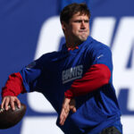 Nov 3, 2024; East Rutherford, New Jersey, USA; New York Giants quarterback Daniel Jones (8) warms up before the game against the Washington Commanders at MetLife Stadium. Mandatory Credit: Vincent Carchietta-Imagn Images