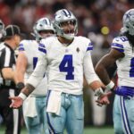 Nov 3, 2024; Atlanta, Georgia, USA; Dallas Cowboys quarterback Dak Prescott (4) reacts to a penalty against the Atlanta Falcons in the third quarter at Mercedes-Benz Stadium. Mandatory Credit: Brett Davis-Imagn Images