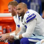 Nov 3, 2024; Atlanta, Georgia, USA; Dallas Cowboys quarterback Dak Prescott (4) on the bench against the Atlanta Falcons in the fourth quarter at Mercedes-Benz Stadium. Mandatory Credit: Brett Davis-Imagn Images
