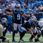 Nov 3, 2024; Charlotte, North Carolina, USA; Carolina Panthers quarterback Bryce Young (9) changes the play during the second quarter against the New Orleans Saints at Bank of America Stadium. Mandatory Credit: Scott Kinser-Imagn Images