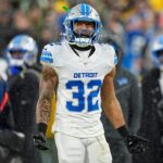Detroit Lions safety Brian Branch reacts after being disqualified by the referee during the first half against Green Bay Packers at Lambeau Field in Green Bay, Wis. on Sunday, Nov. 3, 2024.