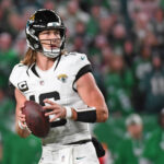 Nov 3, 2024; Philadelphia, Pennsylvania, USA; Jacksonville Jaguars quarterback Trevor Lawrence (16) looks for a receiver during the fourth quarter against the Philadelphia Eagles at Lincoln Financial Field. Mandatory Credit: Eric Hartline-Imagn Images
