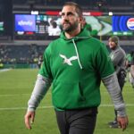 Nov 3, 2024; Philadelphia, Pennsylvania, USA; Philadelphia Eagles head coach Nick Sirianni walks off the field after win against the Jacksonville Jaguars at Lincoln Financial Field. Mandatory Credit: Eric Hartline-Imagn Images