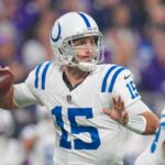 Nov 3, 2024; Minneapolis, Minnesota, USA; Indianapolis Colts quarterback Joe Flacco (15) passes against the Minnesota Vikings in the first quarter at U.S. Bank Stadium. Mandatory Credit: Brad Rempel-Imagn Images