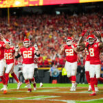 Nov 4, 2024; Kansas City, Missouri, USA; Kansas City Chiefs wide receiver DeAndre Hopkins (8) celebrates with teammates after scoring a touchdown during the first half against the Tampa Bay Buccaneers at GEHA Field at Arrowhead Stadium.