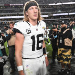 Nov 3, 2024; Philadelphia, Pennsylvania, USA; Jacksonville Jaguars quarterback Trevor Lawrence (16) on the field after loss to the Philadelphia Eagles at Lincoln Financial Field. Mandatory Credit: Eric Hartline-Imagn Images