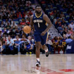 Nov 6, 2024; New Orleans, Louisiana, USA; New Orleans Pelicans forward Zion Williamson (1) dribbles against the Cleveland Cavaliers during the first half at Smoothie King Center.
