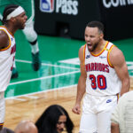 Nov 6, 2024; Boston, Massachusetts, USA; Golden State Warriors guard Stephen Curry (30) reacts during the second half against the Boston Celtics at TD Garden.