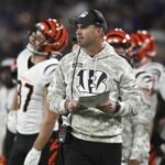 Nov 7, 2024; Baltimore, Maryland, USA; Cincinnati Bengals head coach Zac Taylor reacts during the first quarter against the Baltimore Ravens at M&T Bank Stadium. Mandatory Credit: Tommy Gilligan-Imagn Images