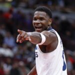 Nov 7, 2024; Chicago, Illinois, USA; Minnesota Timberwolves guard Anthony Edwards (5) reacts after scoring against the Chicago Bulls during the second half at United Center.