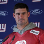 NFL: Munich Game-New York Giants Practice. Nov 8, 2024; Munich, Germany; New York Giants quarterback Daniel Jones (8) during press conference at the FC Bayern Munchen training grounds at Sabener Strasse. Mandatory Credit: Kirby Lee-Imagn Images