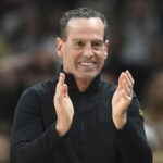 Nov 8, 2024; Cleveland, Ohio, USA; Cleveland Cavaliers head coach Kenny Atkinson reacts in the first quarter against the Golden State Warriors at Rocket Mortgage FieldHouse.