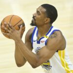 Nov 8, 2024; Cleveland, Ohio, USA; Golden State Warriors guard De'Anthony Melton (8) looks to shoot in the third quarter against the Cleveland Cavaliers at Rocket Mortgage FieldHouse. Mandatory Credit: David Richard-Imagn Images