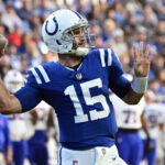 Nov 10, 2024; Indianapolis, Indiana, USA; Indianapolis Colts quarterback Joe Flacco (15) throws a pass during the second half against the Buffalo Bills at Lucas Oil Stadium. Mandatory Credit: Marc Lebryk-Imagn Images