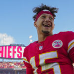 NFL MVP Race 2025 pós semana 7 Patrick Mahomes : Denver Broncos at Kansas City Chiefs. Nov 10, 2024; Kansas City, Missouri, USA; Kansas City Chiefs quarterback Patrick Mahomes (15) celebrates after defeating the Denver Broncos at GEHA Field at Arrowhead Stadium. Mandatory Credit: Jay Biggerstaff-Imagn Images