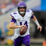Minnesota Vikings quarterback Sam Darnold (14) is pressured out of the pocket and forced to run during the second quarter an NFL football matchup Sunday, Nov. 10, 2024 at Everbank Stadium in Jacksonville, Fla. The Vikings defeated the Jaguars 12-7. [Corey Perrine/Florida Times-Union]