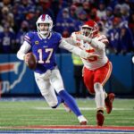 Buffalo Bills quarterback Josh Allen (17) is caught from behind by Kansas City Chiefs defensive tackle Chris Jones (95).