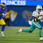 Nov 11, 2024; Inglewood, California, USA; Miami Dolphins wide receiver Tyreek Hill (10) catches the ball against the Los Angeles Rams in the first half at SoFi Stadium.