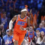 Nov 11, 2024; Oklahoma City, Oklahoma, USA; NBA; Oklahoma City Thunder guard Shai Gilgeous-Alexander (2) smiles after scoring against the Los Angeles Clippers during the fourth quarter at Paycom Center. Mandatory Credit: Alonzo Adams-Imagn Images