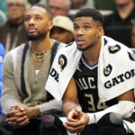 Nov 12, 2024; Milwaukee, Wisconsin, USA; Milwaukee Bucks forward Giannis Antetokounmpo (34) sits with guard Damian Lillard on the bench during the fourth quarter against the Toronto Raptors at Fiserv Forum.