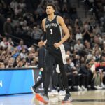 Nov 13, 2024; San Antonio, Texas, USA; San Antonio Spurs center Victor Wembanyama (1) reacts during the second half against the Washington Wizards at Frost Bank Center. Mandatory Credit: Scott Wachter-Imagn Images